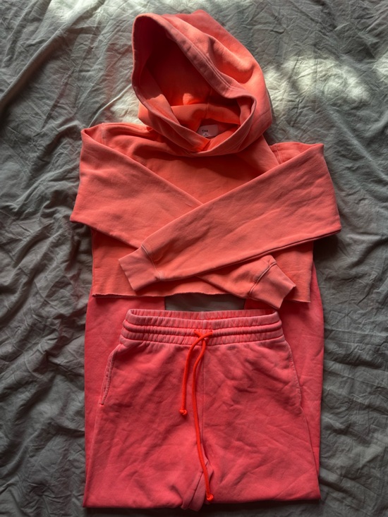 TNA Tops - Tna by aritzia Coral Pink Cropped Hoodie Jogger Set XS Cozy Fleece
